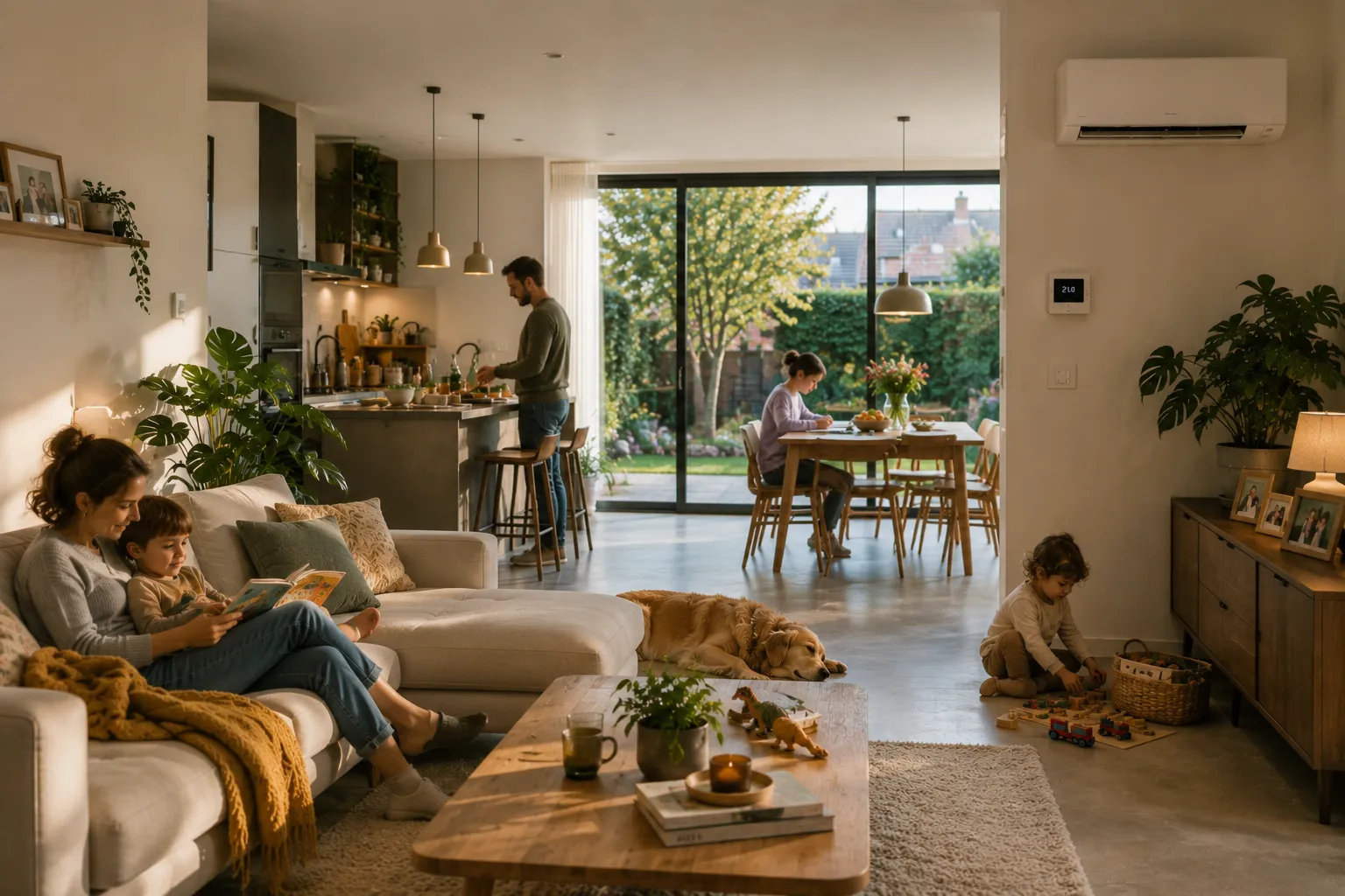 Une famille se détend dans un séjour lumineux et ouvert, avec une unité murale de climatisation et un thermostat au mur.